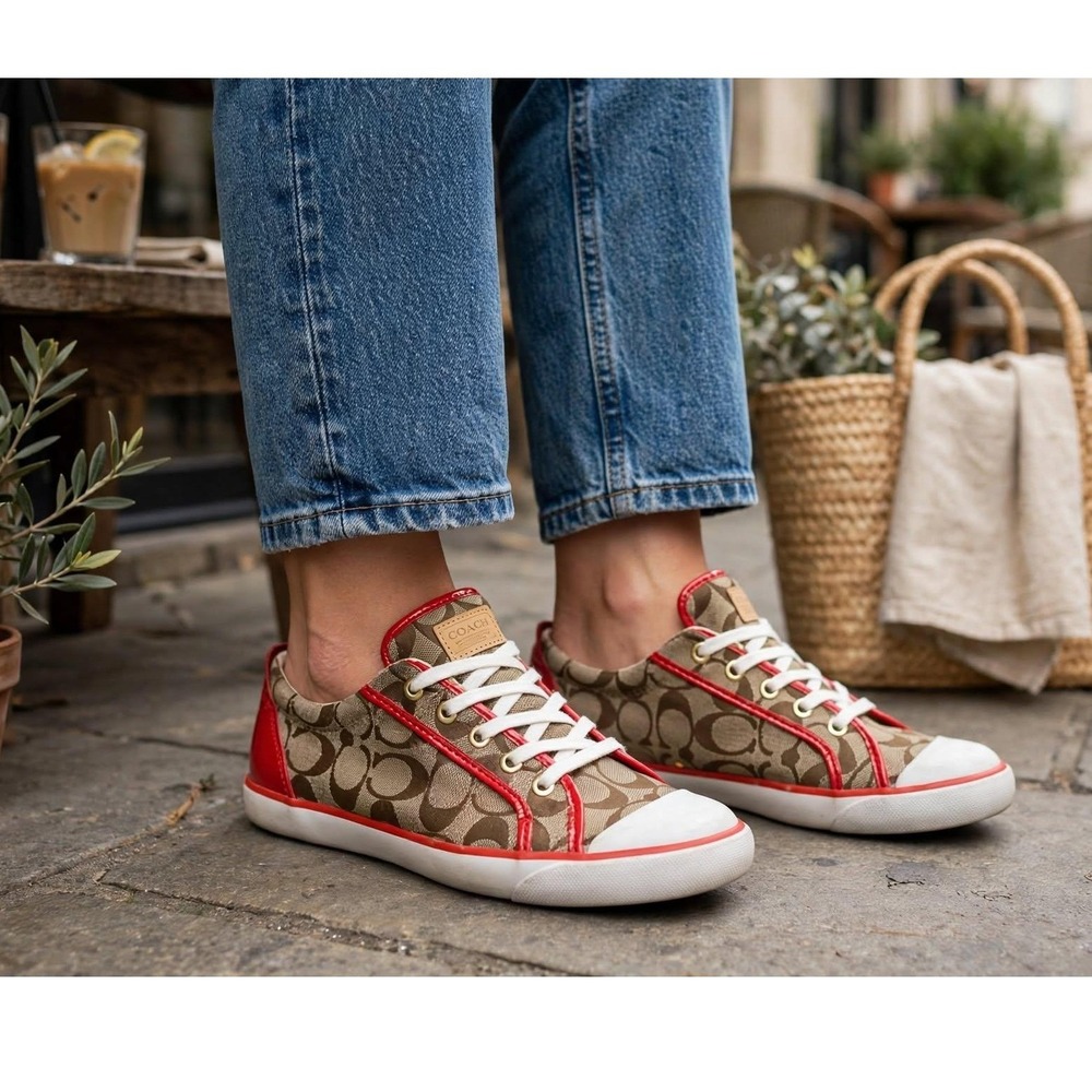 Coach Womens 9 B Barrett Sneakers Signature Low Top Canvas Khaki Red Vtg Style